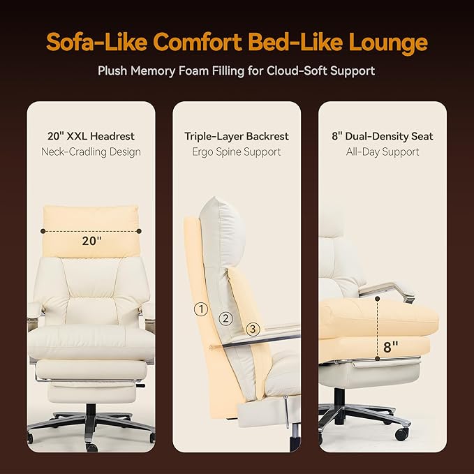 OKUP® M76 Recline Office Chair with Footrest, 160° Infinite Reclining 10" Thick Executive Desk Chair, 420lb Heavy Duty Big and Tall, Adjustable Seat Depth, Cream