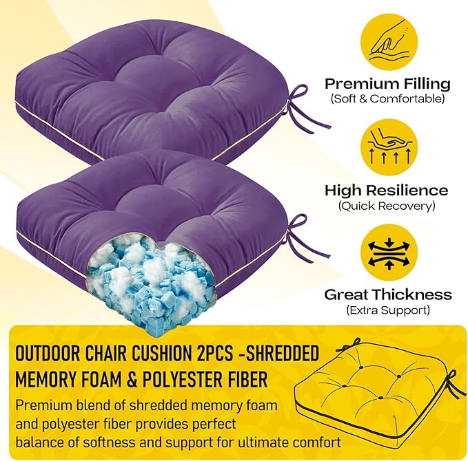 1 MIDDLE ONE Outdoor Chair Cushions Set of 2, Outdoor Cushions for Patio Furniture and Wicker Chair, Memory Foam Patio Seat Cushion Pads with Ties, 19 x 19 Inch (Purple)