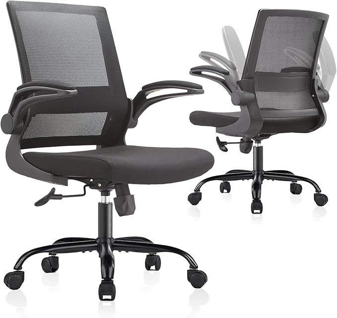 Mesh Office Chair with Flip-Up Armrests – Standard Issue Office Chair, Swivel Rolling Desk & Work Chair with Lumbar Support, Ergonomic Computer Chair for Home Office, Corporate Office, Black