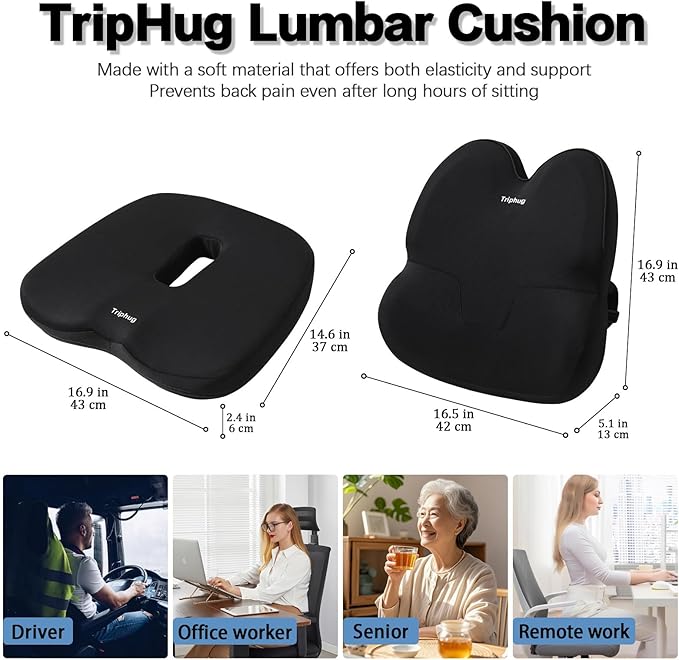 Lumbar Support Pillow & Seat Cushion with Adjustable Strap, Memory Foam Chair Cushion for Sciatica Pain Relief, Washable Cover for Car, Travel and Wheelchair, Black