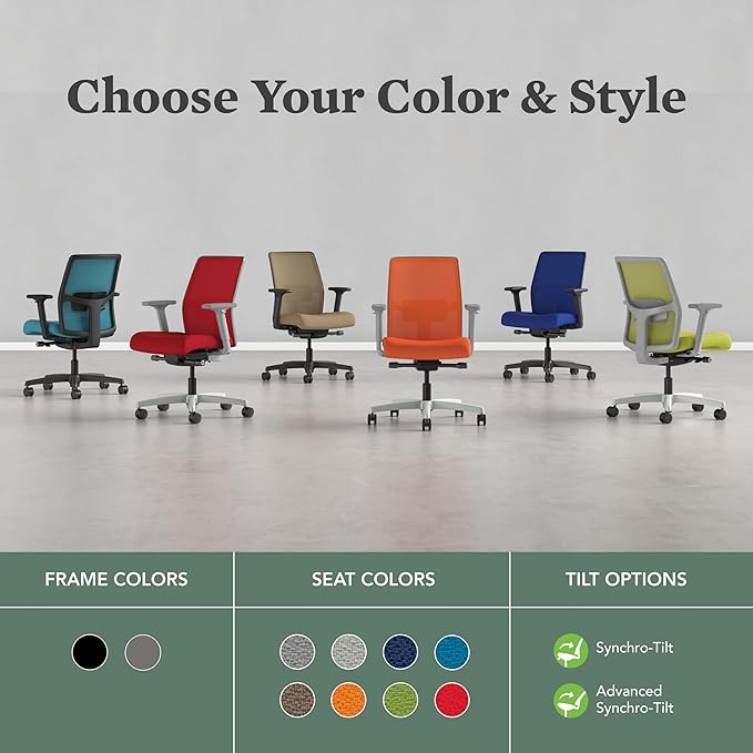 HON Ignition 2.0 Low Back Task Chair, Spectrum Mesh, Advanced Synchro-Tilt Control, Office Chair with Lumbar Support, Height and Width Adjustable Arms, Black Frame, Leaf