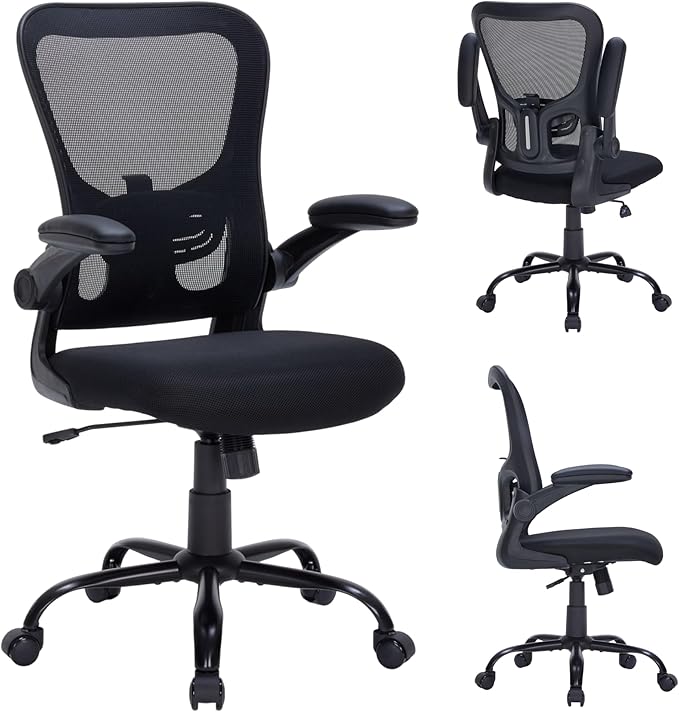 Ergonomic Mesh Office Chair, Adjustable Lumbar Support, Flip-Up Arms, Rolling Swivel Computer Chair with Breathable Backrest for Home & Office, Black