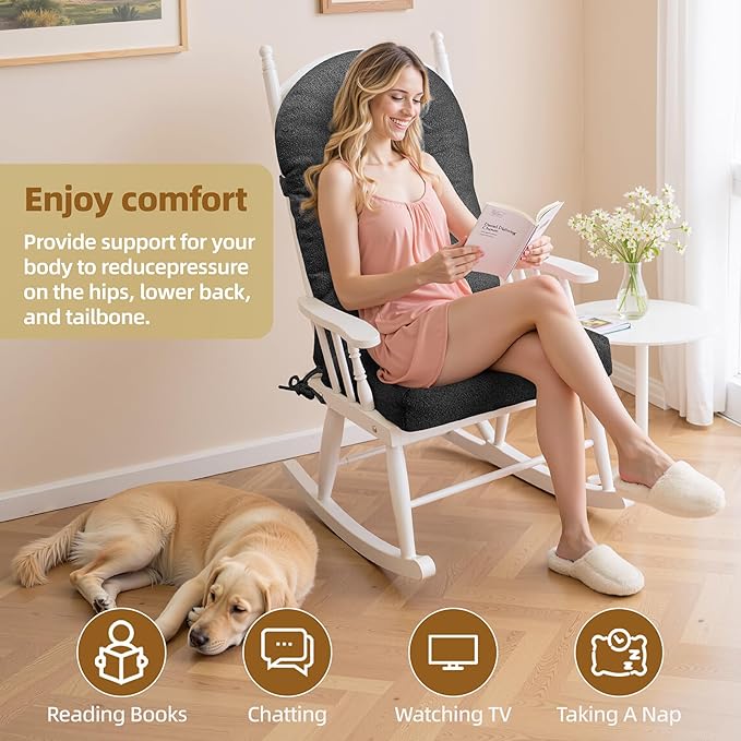 Rocking Chair Cushion - Lola Cotton-Linen Fabric, High-Density Sponge, Durable Comfort Non-Slip Bottom Tufted Seat Pads with Ties, Lola︱Charcoal Gray, 44x19x4 inch