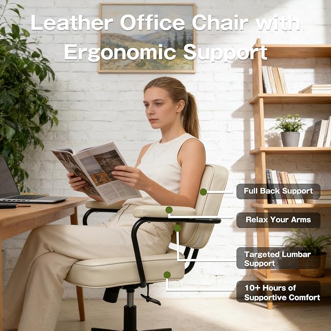 Office Desk Chair, Ergonomic Desk Chair with Padded Cushion & Backrest, Adjustable Height & 360° Swivel, Armrest Task Chair for Home Office, Computer Desk & Vanity, Beige