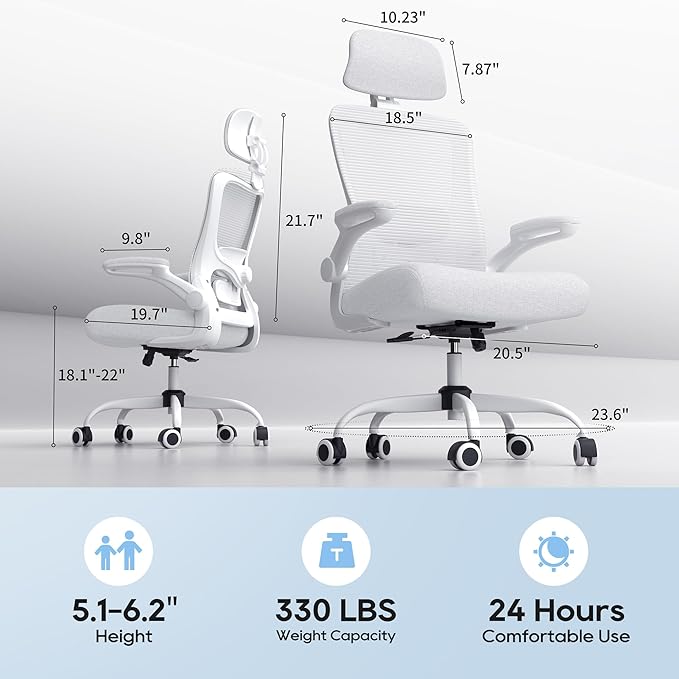Office Chair, Ergonomic Mesh Desk Chair with Adjustable Lumbar Support and Headrest, Flip-up Armrests, High Back Computer Task Chair for Home and Executive Office (W-All White)