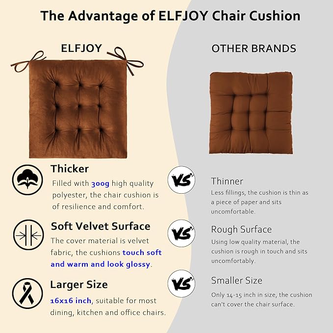 ELFJOY 4 Pack Chair Cushions for Dining Chairs Chair Pads Cushion for Kitchen Office Tufted Square Seat Cushion with Ties (16" Coffee Velvet)