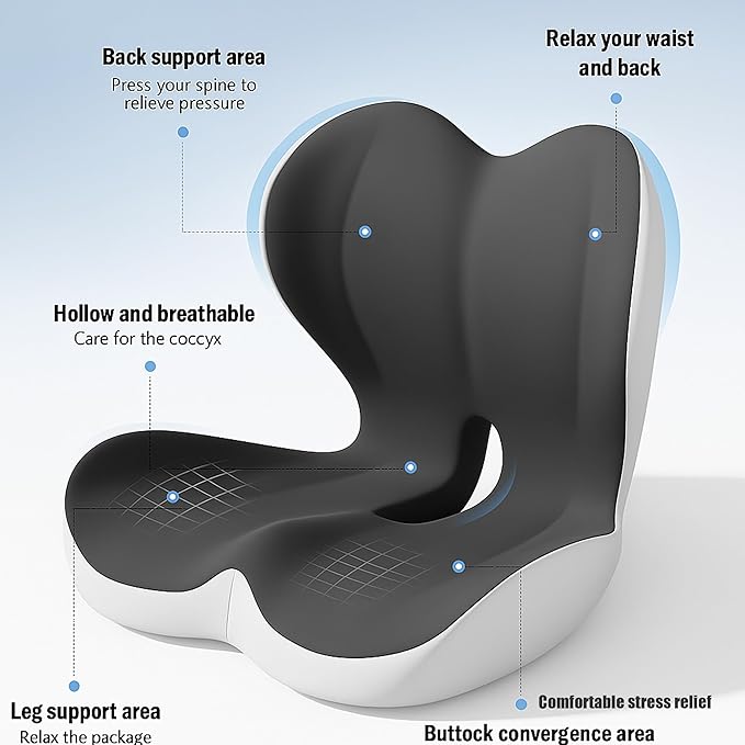 Premium Ergonomic Seat Cushion Set with Back Support, Non-Slip Base for Office Chair, Memory Foam Lumbar Pillow, Back Pain Relief, Car Seat (Dark Gray)
