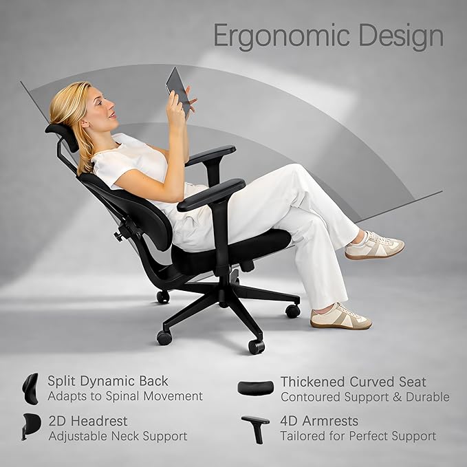 Ergonomic Office Chair with Dynamic Split-Back, 3.15" Thickened High-Density Molded Foam Seat, 4D Adjustable Armrests, High Back Computer Desk Chair, Flex S3