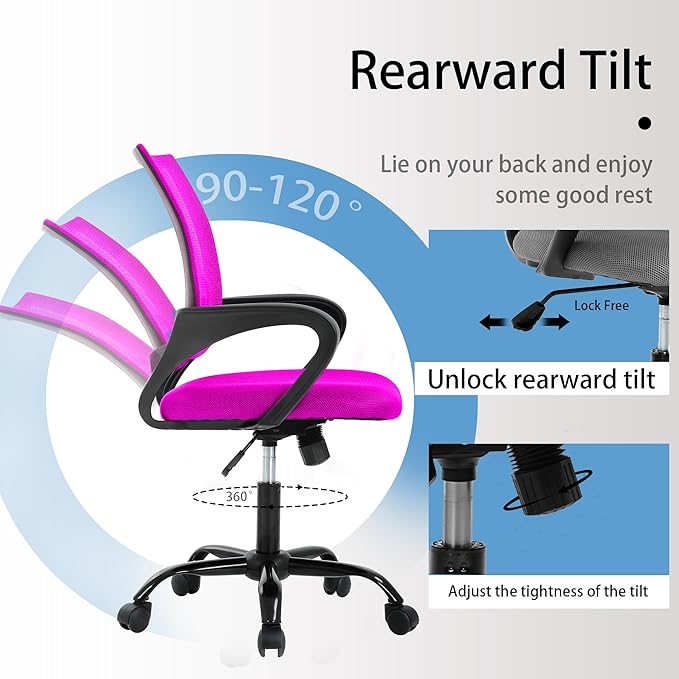 Ergonomic Desk Chair for Back Pain Relief - Supportive Mesh Back with Adjustable Height & Tilt Function, Metal Base, Pink