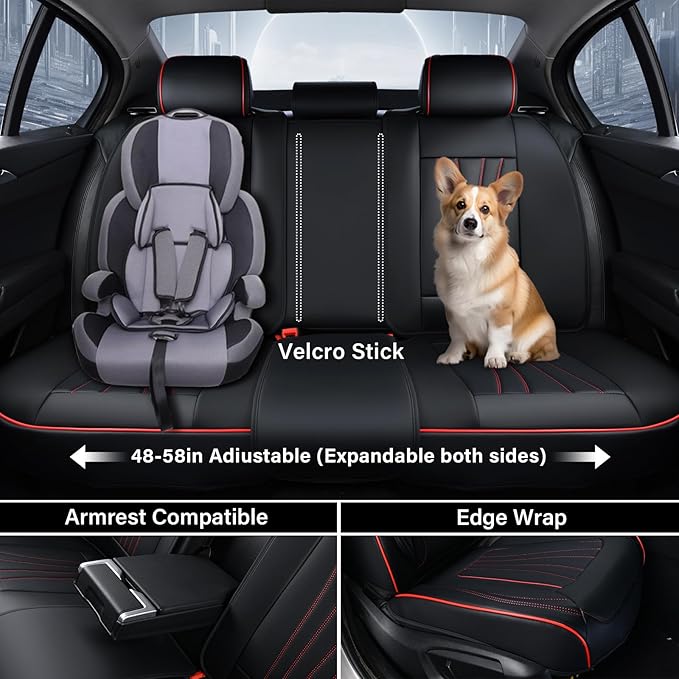 Coverado Car Seat Covers Front Seats, 2 Piece Car Seat Protector with Lumbar Support & Removable Headrest, Breathable Leather Seat Cushion Universal Fit for Truck Automotive Vehicles Black & Red