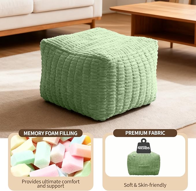 Pouf Ottoman, Soft Corduroy Pouf, Poofy Ottoman Foot Rest，Poufs for Adults, Poofs & Ottomans Furniture, Floor Poof-Chair for Living Room & Bedroom (1PC, Fruit Green, 22"×22"×14")