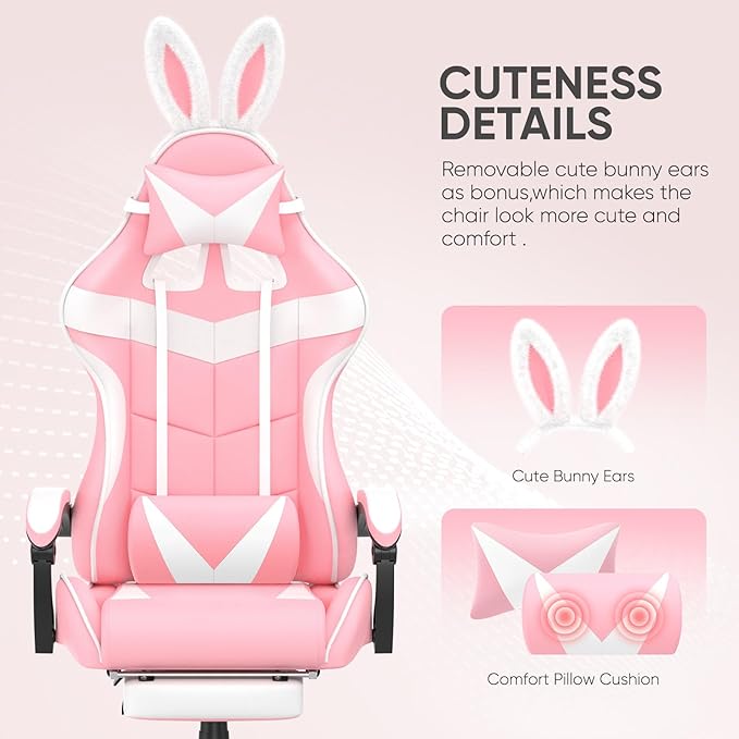 Soontrans Pink Gaming Chairs with Bunny Ears, Footrest,Ergonomic Home Office Desk Pink Chair,Lovely PC Computer Game Chair with Headrest and Lumbar Support Gamer Chair for Girls