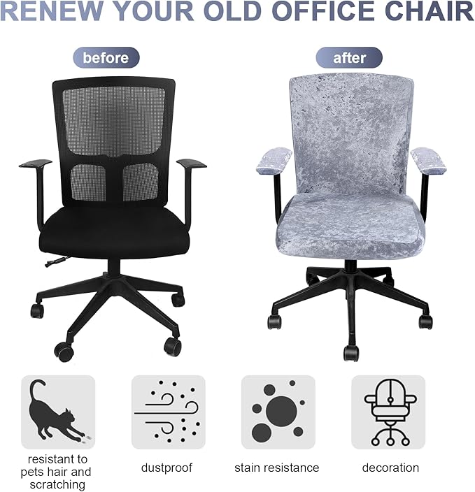 Tallew 4 Pcs Office Chair Covers Set Computer Universal Protective Stretchable Chair Seat Covers Desk Armrest Slipcovers Pads Office Cushion Backrest for Rotating(Grey)