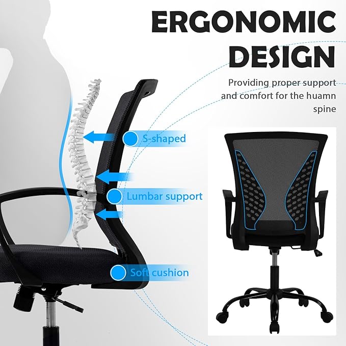 Ergonomic Office Chair with Lumbar Support - Adjustable Mesh Computer Chair for Home Office, Mid Back Swivel Task Chair with Arms, Breathable & Comfortable for Long Hours Work (Black)