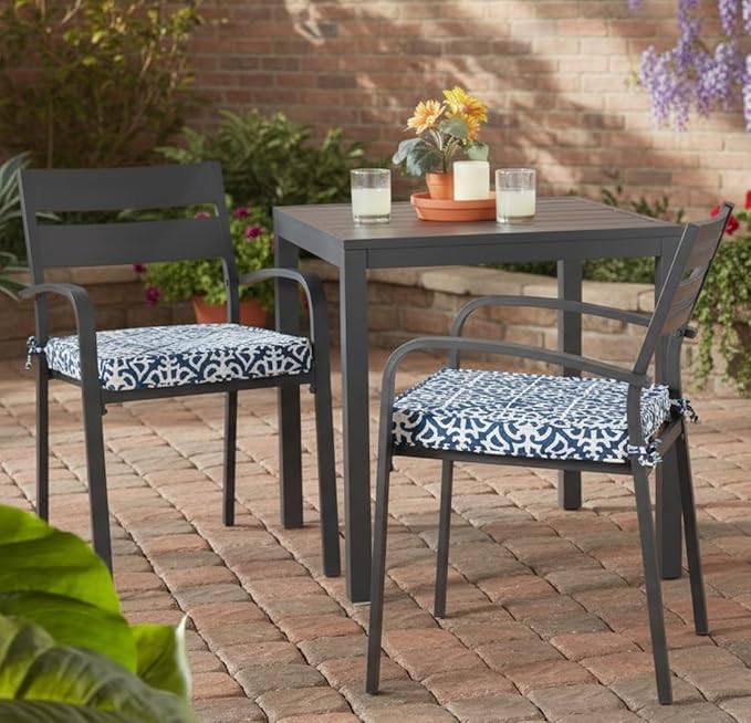 Outdoor 18 inch Square Patio Dining Chair Pads – Comfortable Fiber-Filled Seat Cushions with Ties, Reversible Polyester Fabric - Indigo Blue Lattice, Set of 2
