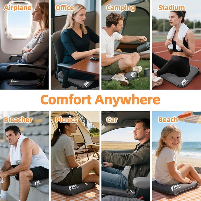 Inflatable Seat Cushion,Self-Inflating Portable Travel Airplane Stadium Seat Cushion for Airplane Long Flight,Compact Lightweight Memory Foam Travel SeatCushion Pad for Bleacher Camping Outdoor Office