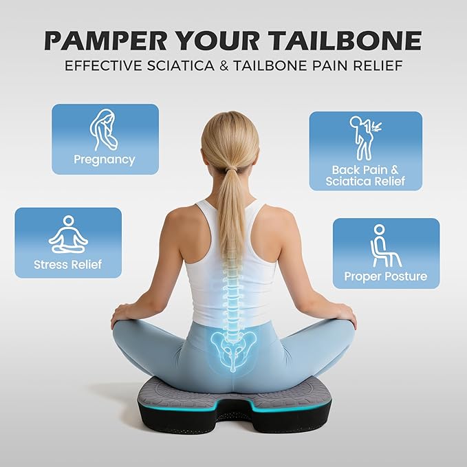 Seat Cushion - Foam Seat Cushion for Office Chairs & Car Cooling Gel Memory - Seats Sciatica & Hip & Coccyx Pain Relief Desk Chair Cushion for Long Sitting Office Workers, Gaming, Car Drivers