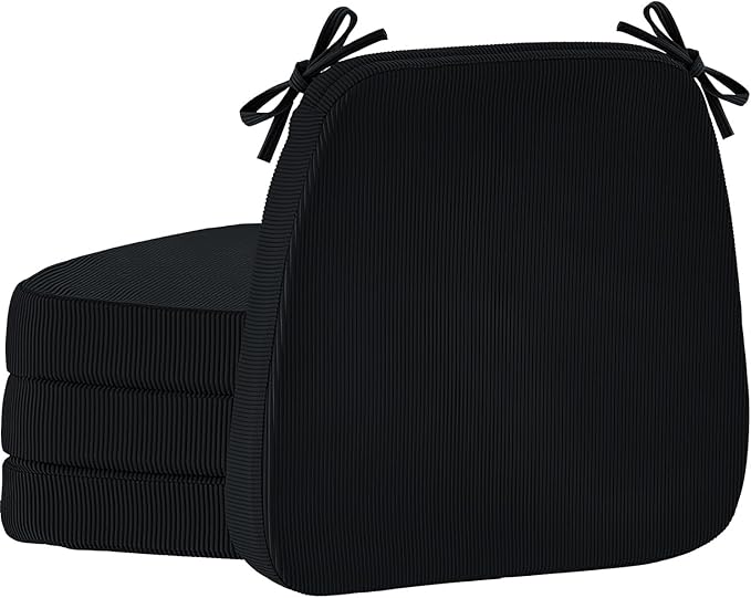2'' Thick High-Density Foam Indoor Chair Cushions | Dining Chair Pads with Ties, Removable Washable Cover, Kitchen Chair Cushions 17"x16", Black 4 Pack