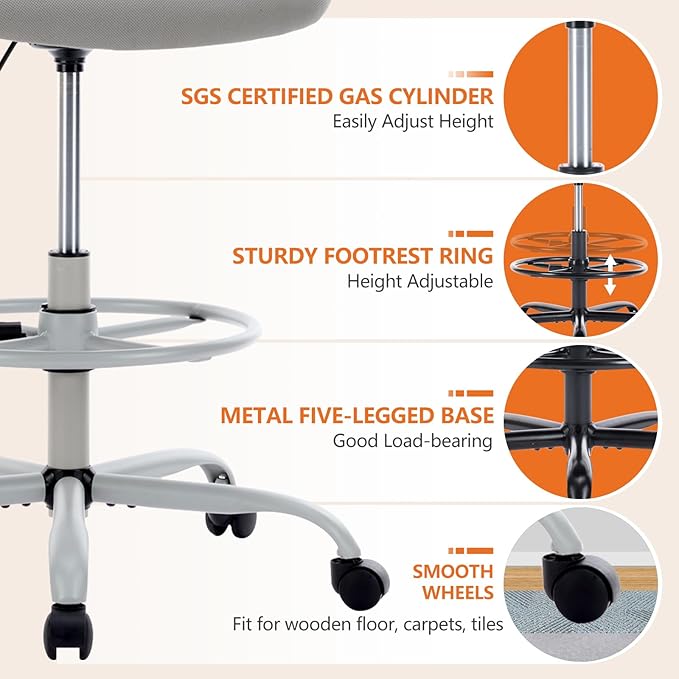 Sweetcrispy Tall Drafting Office Desk Chair - Ergonomic High Stool Computer Chair with Adjustable Height and Comfy Lumbar Support, Rolling Counter Height Chairwith Flip-up Arm and Footrest, Grey