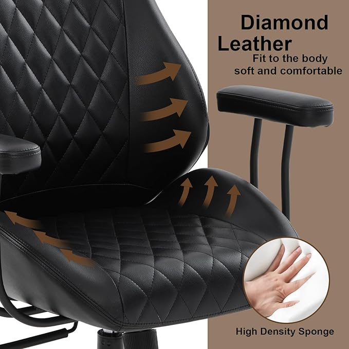 E-Motie Office Chair with Rubber Wheels, Ergonomic Computer Chair 500 lbs, Leather Desk Chair with Lumbar Support, Executive Chair Adjustable Height & Recline, Black