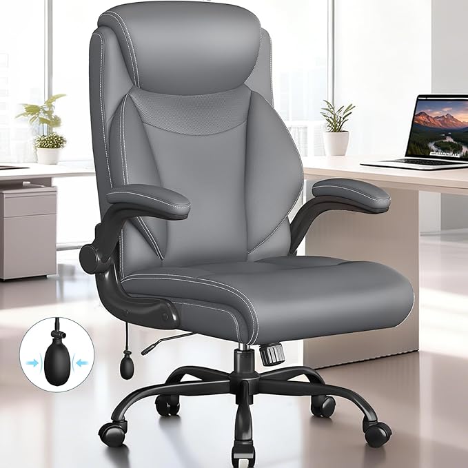 Ergonomic Office Chair, Home Desk Computer Chair, High Back Executive Chair，Padded Leather Ergonomic Computer Desk Chair with Inflatable Lumbar Support & Flip-Up Arms, Swivel Chair,Gray