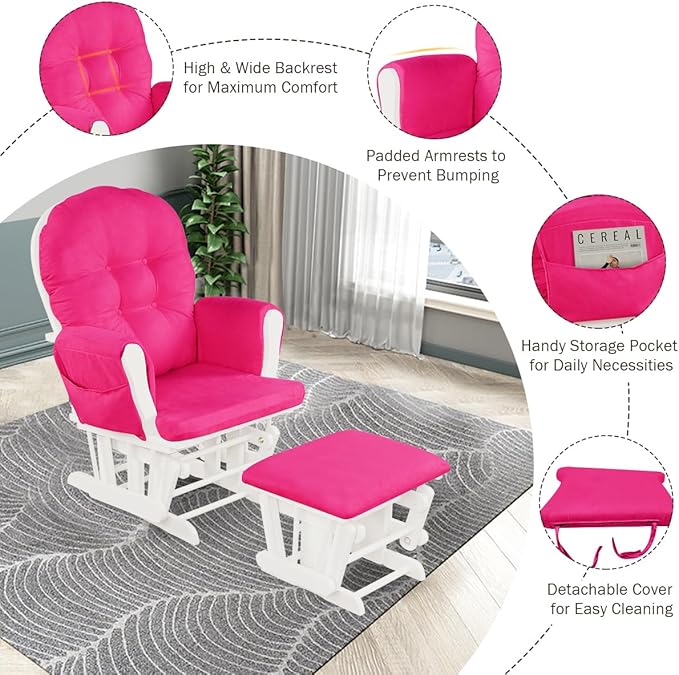 Costzon Nursery Glider with Ottoman, Upholstered Comfort Glider Rocker with Padded Cushion, Storage Pocket, Solid Wood Base, Rocking Chair Nursery for Breastfeeding, Napping (Deep Pink)