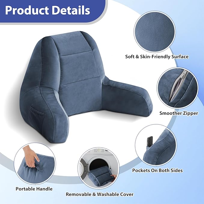 IASEAHK Reading Pillows for Sitting in Bed Adult, Back Pillow for Bed Sitting Up, Backrest Pillows with Shredded Foam for Adult&Teens, Support Pillow with Arms for Beds, Couch, Floor, 18in, Navy Blue