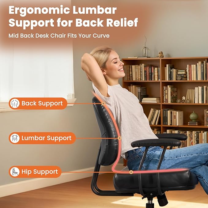 Leather Home Office Chair, Mid Back Ergonomic Desk Chair with Lumbar Support, Mid Century Modern Deep Seat Swivel Rocking Computer Chair, Black