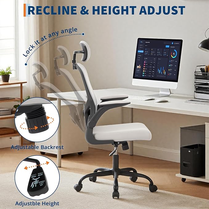 Premium Ergonomic High-Grey Mesh Office Chair - Adjustable Headrest & Reclining Backrest, 360° Swivel - Silent Casters, Skin-Friendly & Durable - Ideal for Bedroom, Dorm & Small Spaces
