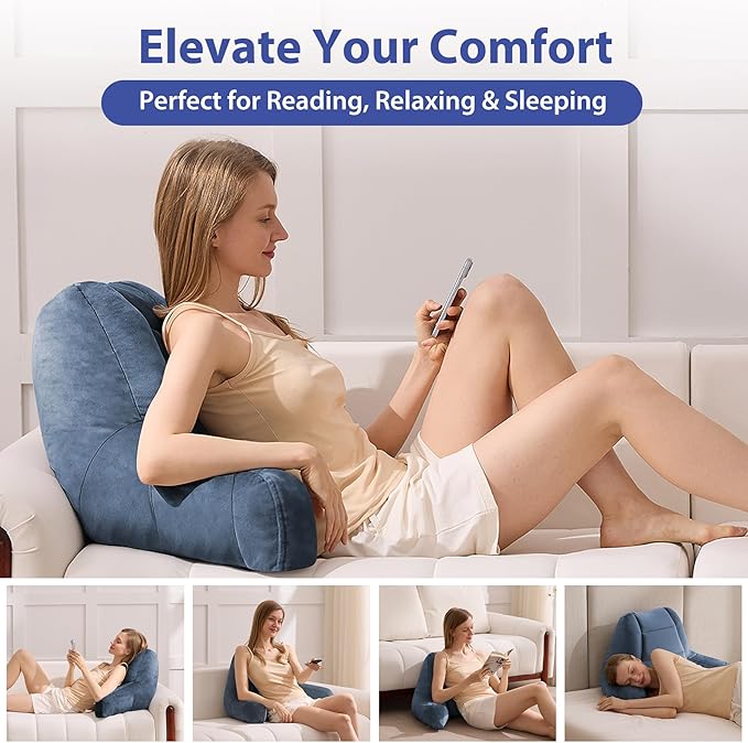 IASEAHK Reading Pillows for Sitting in Bed Adult, Back Pillow for Bed Sitting Up, Backrest Pillows with Shredded Foam for Adult&Teens, Support Pillow with Arms for Beds, Couch, Floor, 18in, Navy Blue