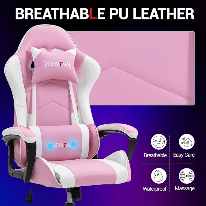 Gaming Chair PU Leather Massage PC Video Game Chair with Lumbar Support for Men Women, Home Office, Height Adjustable, Ergonomic, High Back, Pink