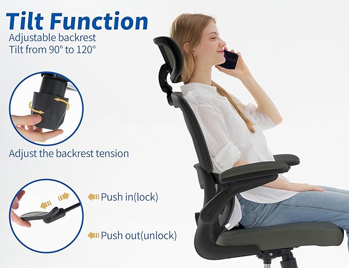 TRALT Ergonomic Office Chair - Desk Chair with Adjustable Headrest Lumbar Support Computer Chair - Mesh Comfy Chair with Flip-up Armrests - Gaming Chairs for Adults Home Office (Leather, Dark Green)
