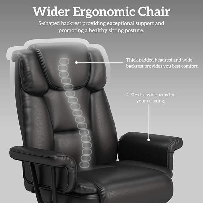 GYI 160 Reclining Office Chair with Footrest, Big and Tall High Back Home Office Chair, Leather Computer Desk Chair with Cross Legged Seat, Arms, Wheels, Black
