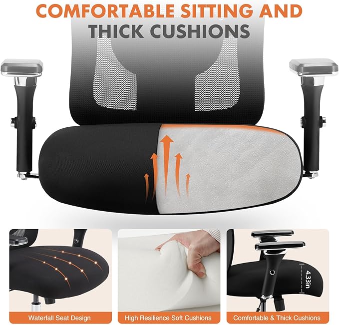 Sweetcrispy Big and Tall Office Desk Chair with Lumbar Support, 500lbs Heavy Duty Mesh Ergonomic Computer Chair with 4D Armrest and Wide Comfy Seat, Wheels for Adult, Black