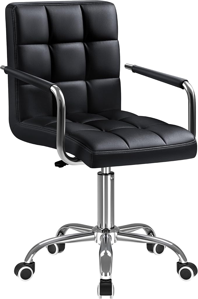 Furmax Vanity Office Chair with Wheels, Makeup PU Leather Executive Chair Modern Adjustable Home Desk Retro Comfortable Work Chair 360 Degree Swivel with Arms (Black)