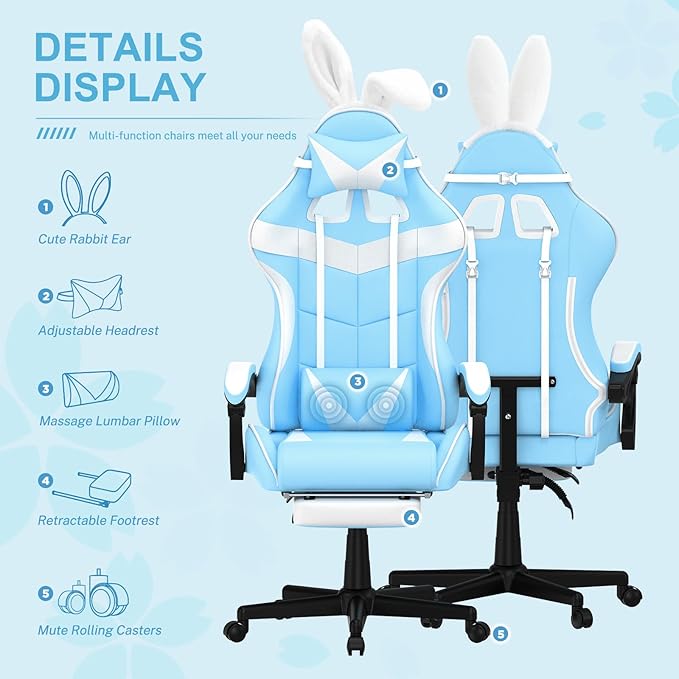 Soontrans Light Blue Gaming Chair with Footrest,Lovely Cute Bunny Computer Gamer Chair,Kawaii Desk Chair for Granddaughter,Sister,Girlfriend,Wife and Love