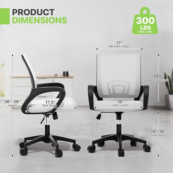 Magshion Ergonomic Office Chair 10 Pack, Mid-Back Mesh Desk Chair, Adjustable Swivel Computer Chair with Lumbar Support & Breathable Backrest for Gaming, Work, Study, 300 Lbs Capacity, White