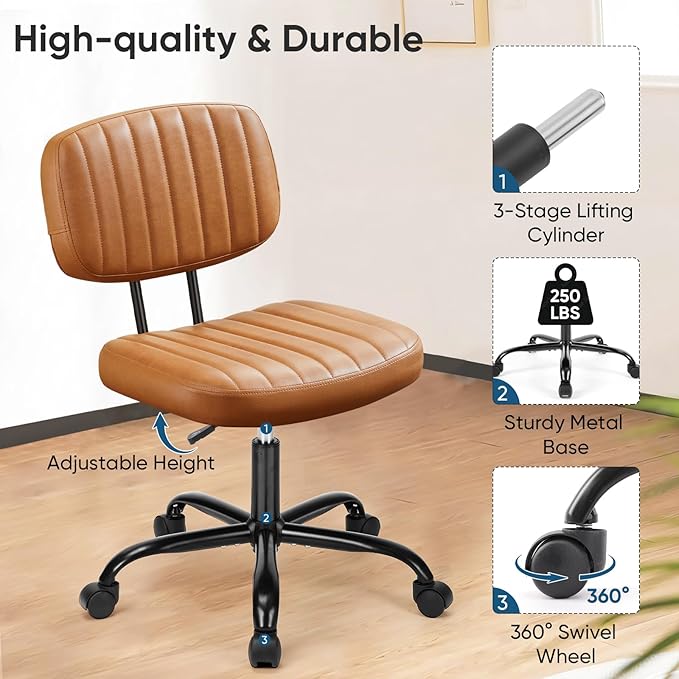DUMOS Small Office Desk Chair - Armless PU Leather with Comfy Lumbar Support, Height Adjustable Rolling Swivel Task for No Arms, for Adult, Student, Bedroom, Home, Vanity, Brown