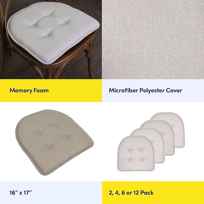 Sweet Home Collection Chair Cushion Memory Foam Pads Tufted Slip Non Skid Rubber Back U-Shaped 17" x 16" Seat Cover, 12 Count (Pack of 1), Light Gray