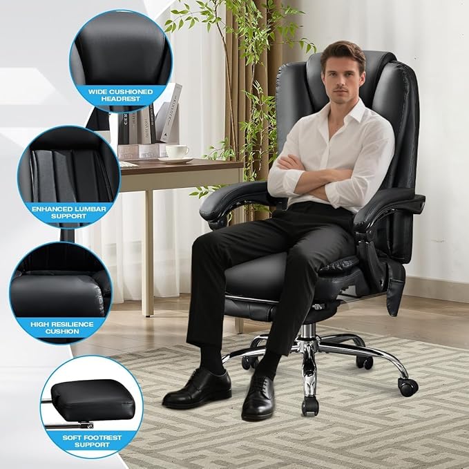 BOSMILLER 500lbs Big and Tall Office Chair, 6-Points Massage Office Chair, Executive Heated Desk Chair with Adjustable Footrest, Reclining High Back for Home Office