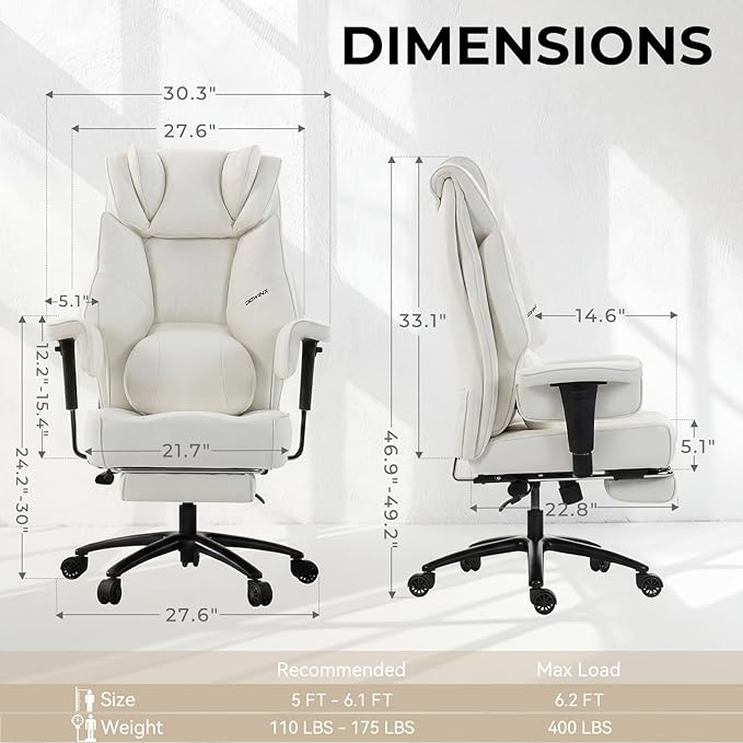 Dowinx Big and Tall Office Chair with Massage Lumbar Support,Executive Office Chair with Wide Thick Seat Cushion and Adjustable Armrest,Computer Gaming Chairs with Footrest (PU-White)