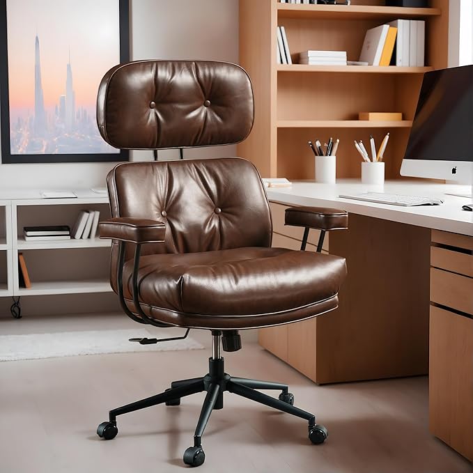 High Back Executive Office Chair with Comfortable Deep Seat,Brown PU Leather Modern Office Chair,Ergonomic Big and Tall Computer Desk Chair with Lumbar Support(Dark Brown)