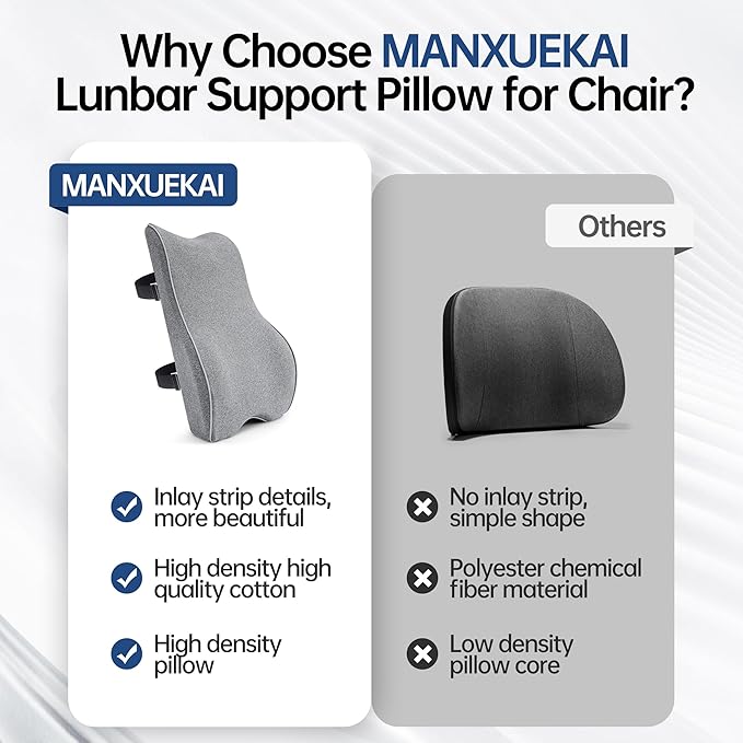 Lumbar Support Pillow for Office Chair Car Seat Gaming Chair, Memory Foam Back Support Pillow, Lumbar Cushion Back Cushion for Lower Back Pain Relief, Adjustable Strap Washable Cover-Grey