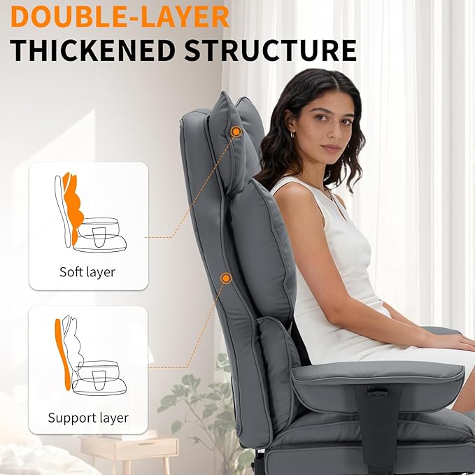 Garvee Big and Tall Office Chair, Executive Leather Office Chair with Footrest, 400lbs Ergonomic Gaming Chair for Adults, Wide Seat Computer Desk Chair with Lumbar Support, 150 Degree Reclining, Gray