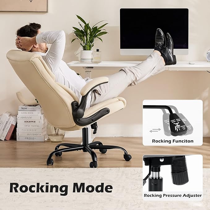 DUMOS Office Chair Set of 2 - Ergonomic Executive Computer Desk Chairs with Adjustable Flip-up Armrest, Swivel Task Chair with Lumbar Support, Strong Metal Base, PU Leather, Cream White