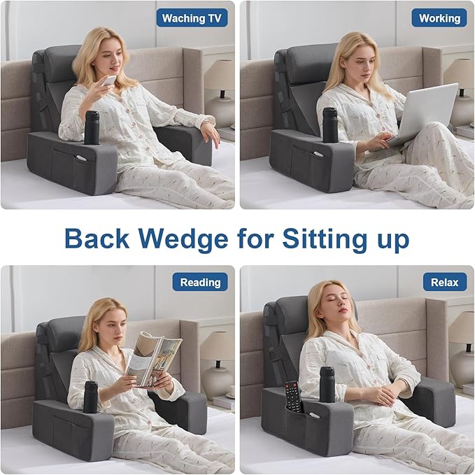 Reading Pillow for Sitting in Bed Adult, Back Pillow for Bed Sitting up with Arms, Pockets and Cup Holder, Sit Up Backrest Pillows for Beds Chair Support, Rest Pillow for Gaming