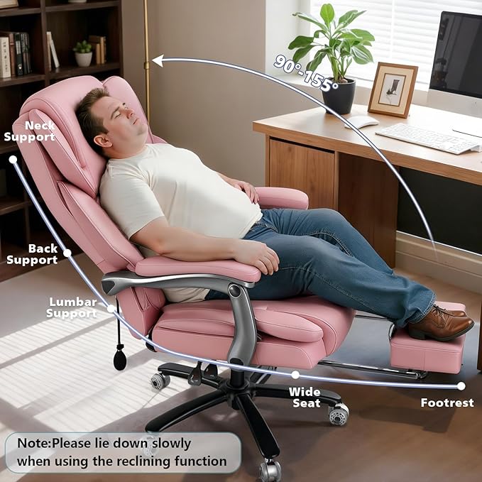 WAILOR 600lbs Big and Tall Office Chair for Heavy People,Heavy Duty Comfy Executive Office Desk Chair with Adjustable Lumbar Support,High Back Reclining PU Leather Computer Chair (Classic, Pink)
