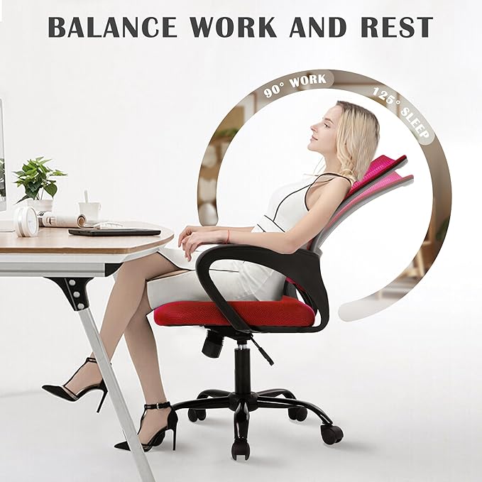 MKDLUFEI Office Chair, Ergonomic Cheap Desk Chair with Lumbar Support, Adjustable Mid Back Task Rolling Swivel for Home Office Student, Adults,Study, Red