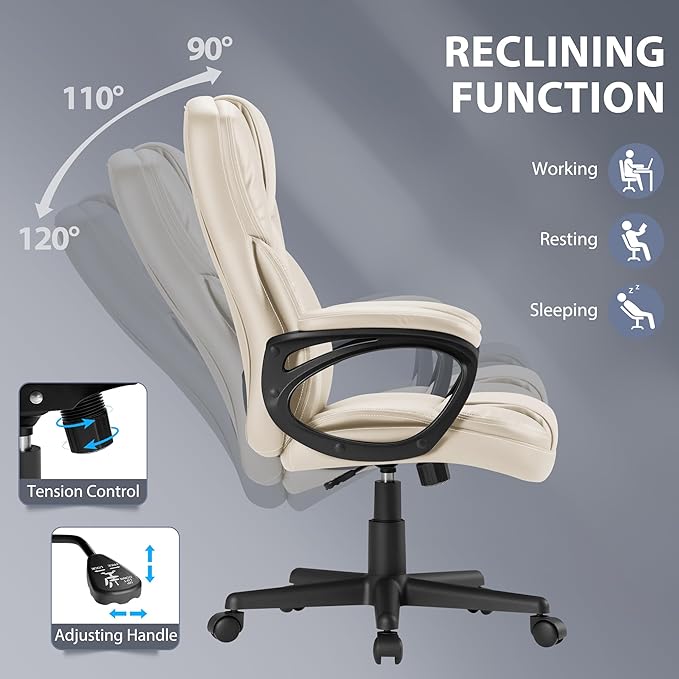 Shahoo Ergonomic Office Chair Executive Adjustable Desk Chair with Flip-up Armrests PU Leather Swivel Computer Chair for Home Office Gaming, Lumbar Support Space Saving 300lbs Capacity, Begie
