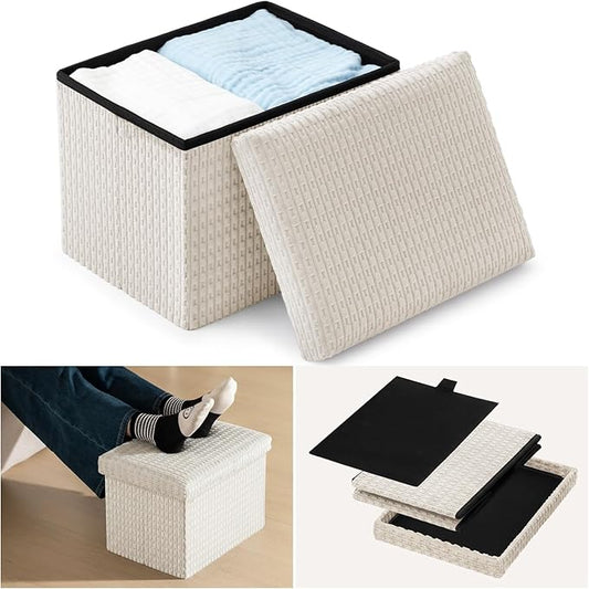 Thyle Storage Ottoman with Lid, Foldable Foot Rest Stool with Hidden Storage, Corduroy Ottoman for Living Room Bedroom Dorm Under Desk, 16x12x12 Inch(Beige)